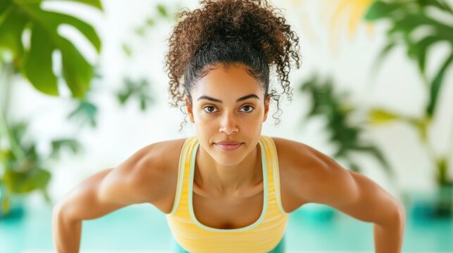 A motivated woman engages in push-ups, showcasing her strength and focus in a lively, plant-filled environment while exercising