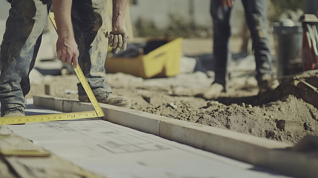 Construction Worker Measuring Blueprint on Site