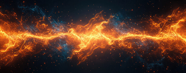 A Fiery energy wave glowing in dark with vibrant orange and blue hues, creating dynamic and futuristic visual