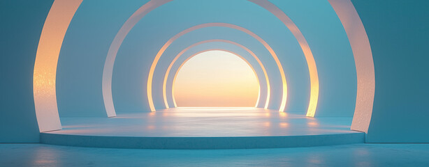Obraz premium A serene light tunnel with glowing arches leads to bright horizon, evoking futuristic and conceptual elegance