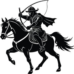 Fototapeta premium Black & White Vector Image of a Mounted Warrior Archer: Medieval Horseman with Bow, Helmet, and Cape Silhouette Illustration