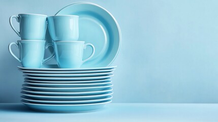 Stack of light blue plates and cups arranged neatly on a light blue background for a soothing effect