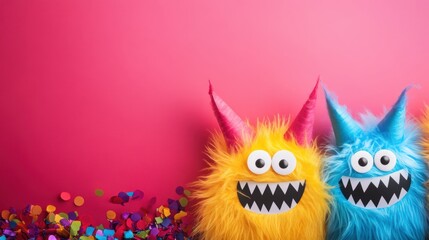 Fototapeta premium Two fluffy monsters, one yellow and one blue, stand against a pink background surrounded by colorful confetti, ideal for a festive event