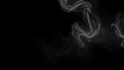 Fototapeta premium Smoke and Fog on Black Background, Swirling Mist Texture, Dark Background with Curling Smoke, Wavy Smoke Lines Isolated on Black