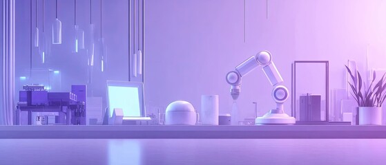 Futuristic Workspace with Robot Arm and Modern Technology Setup