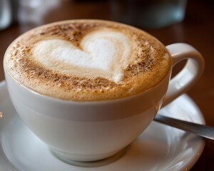 A perfectly formed heart in the foam of a cappuccino, signifying love and care - relationship passion energy hot styling