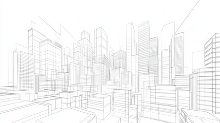 Continuous line drawing of modern urban architecture with apartment buildings and panoramic cityscape. Minimalist linear vector design of contemporary city street silhouette and skyline view.