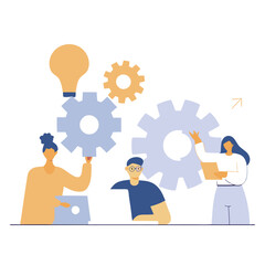 Creative Business Teamwork and Innovation – Vector Illustration of Diverse People Collaborating, Communicating Ideas, and Developing Solutions with Light Bulbs, Gears, and Modern Devices.