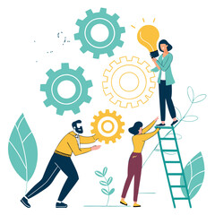 Creative Business Teamwork and Innovation – Vector Illustration of Diverse People Collaborating, Communicating Ideas, and Developing Solutions with Light Bulbs, Gears, and Modern Devices.