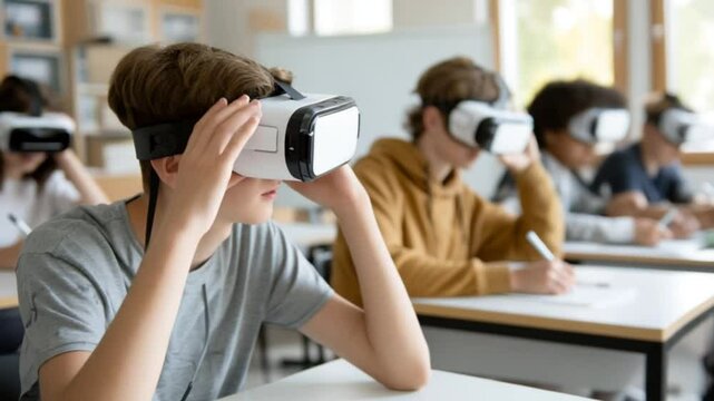 Immersive Education Students Using VR Headsets in Classroom