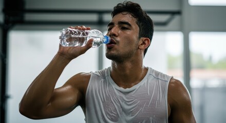 Young man drinking from a clear plastic water bottle in a gym