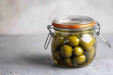 Delicious Green Olives in Glass Jar Food Photography