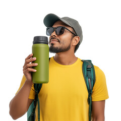 Young man in yellow shirt with backpack holding green thermos isolated on white background