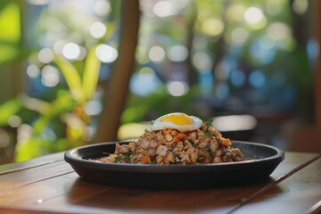 Sizzling Pork Sisig Dish Topped with Raw Egg on Wooden Table