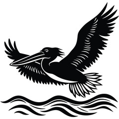 Obraz premium Black and White Pelican in Flight Vector Graphic: Bird Illustration, Wildlife Art, Coastal Bird, Flying Pelican, Vector Image