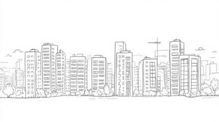 Fototapeta premium Continuous line drawing of modern urban architecture with apartment buildings and panoramic cityscape. Minimalist linear vector design of contemporary city street silhouette and skyline view.