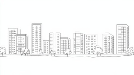 Continuous line drawing of modern urban architecture with apartment buildings and panoramic cityscape. Minimalist linear vector design of contemporary city street silhouette and skyline view.