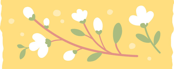 데코 테이프, 꽃 가지 패턴, 노란 배경, 감성 일러스트, 봄 테마, 플랫 스타일, 장식 요소
