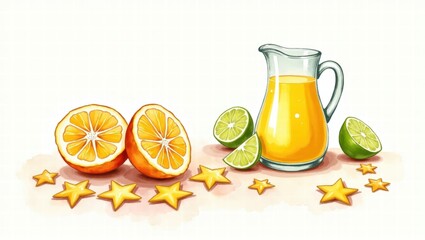 A pitcher of tropical juice with a red straw sits beside starfruit slices, lime halves, and a grapefruit on a clean background in a playful, bright style. Generative, AI,