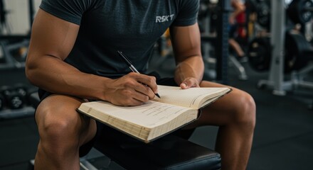 Muscular person writing in a fitness journal in a dimly lit gym