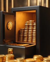 Golden Coins Stacked Inside Secure Safe with Open Door and Shine