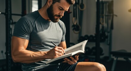 Man writing in a book while seated in a gym with dumbbells and gymnastic rings