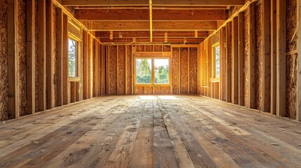 Spacious Home Renovation Concept with Realistic Lighting, Exposed Wood Framework, and Large Windows for Daylight Capture