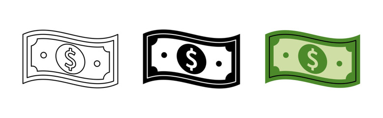 A dollar bill icon set. Cash and paper currency. Vector illustration.