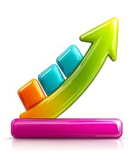 Colorful 3D Bar Graph with Rising Arrow Symbolizing Growth and Success in Business and Finance