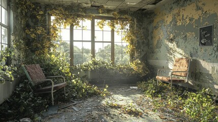Forgotten Hospital Room with Overgrown Vegetation and Sunlight Streaming Through Windows