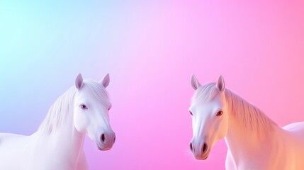 Naklejka premium Two stylized white horses stand against a soft pastel pink and blue gradient background in a minimalist 3D render.