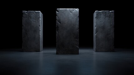 Dark, dramatic scene with three weathered stone blocks