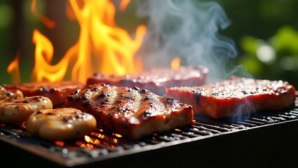 Close up of grilling meat and mushrooms over open flames with smoke rising in an outdoor setting