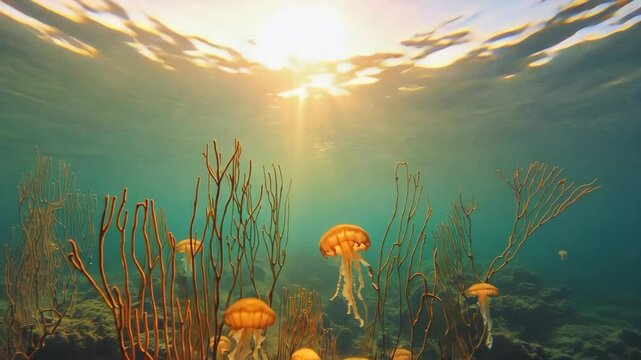 Sunlit underwater scene featuring vibrant orange jellyfish gracefully swimming amidst coral reefs in crystal clear ocean waters.