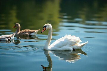 Obraz premium Graceful swan gliding amidst ducks on calm lake, water, beauty, wetlands