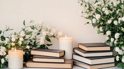 Aesthetic arrangement of books candles and flowers on a minimal background evoking calmness