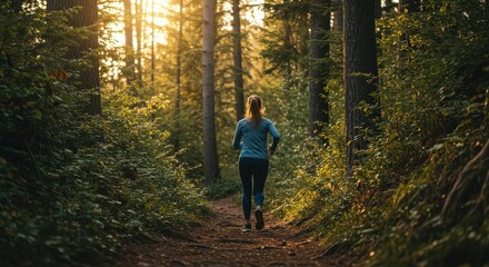 Fototapeta premium Person jogging on a dirt path through a dense forest with sunlight filtering through the canopy