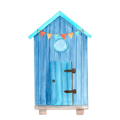 Wooden plank cabin isolated on white background. High quality minimal architecture watercolor illustration perfect for cards, decor, children's room design. Cute decorative hut. Blue house on stilts
