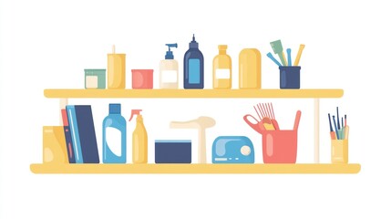 Organized bathroom shelf with toiletries and supplies