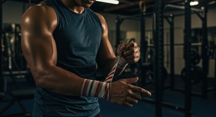 Person wrapping wrists with athletic tape in a gym