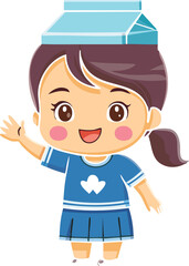 Cartoon Girl with Milk Carton Hat Waving Hand in Vector Art on White Background Cheerful Expression and Adorable Design Illustration for Children's Book Design