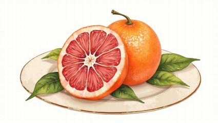 A vibrant illustration of a ripe orange with one half sliced open, revealing juicy red segments, resting on a plate with fresh green leaves. Generative, AI,
