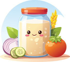 Adorable Kawaii Mason Jar Fermented Food Illustration with Smiling Face Red Onion Cucumber Red Tomato and Wheat Decoration on Soft Pastel Background