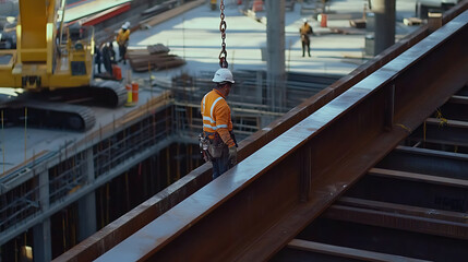 Naklejka premium Construction Worker on Steel Beam at Site