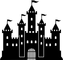 Castle with watchtowers and flag icon. Black silhouette. Front view. Vector