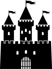 Obraz premium Castle with watchtowers and flag icon. Black silhouette. Front view. Vector