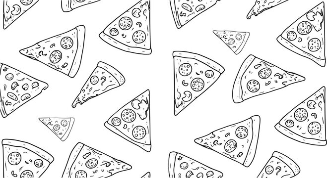 Small black contour linear pizza slices isolated on white background. Cute monochrome seamless pattern. Vector