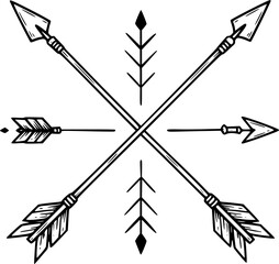 Crossed bow arrows icon. Black outline linear silhouette. Editable strokes. Front side view. Vector