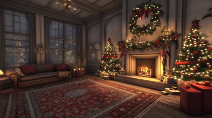 Elegant Christmas Interior: Festive Trees, Fireplace, and Cozy Couch in a Classic Setting