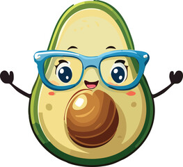Smiling Avocado Half Wearing Blue Glasses Cartoon Character Isolated on White Background Ideal for Educational or Decorative Use